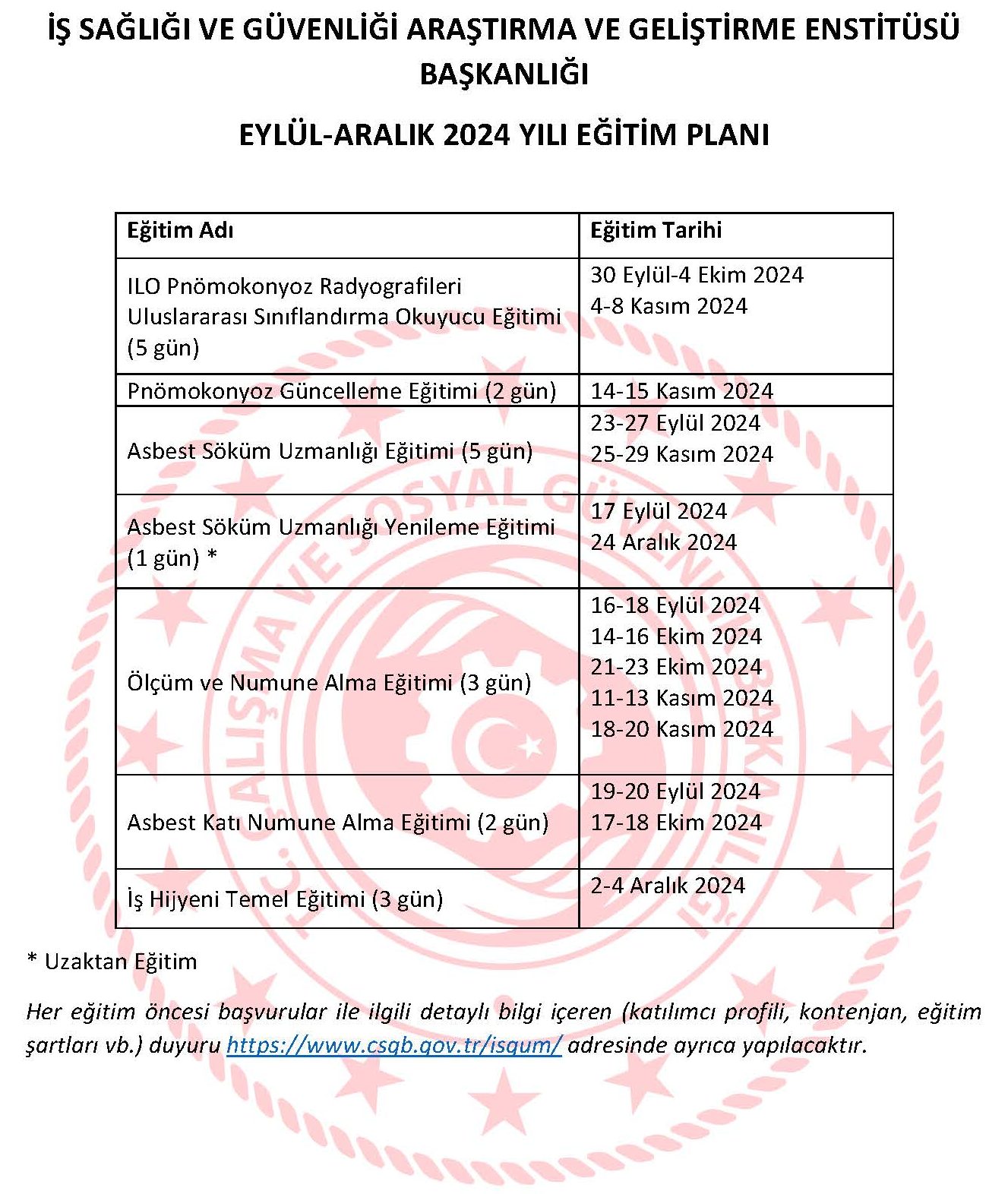 2024 Yılında Düzenlenmesi Planlanan Eğitimler Hakkında Duyuru